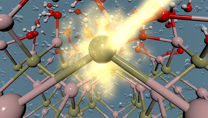 An artistic rendering of the interface between a photoabsorbing material and an aqueous electrolyte.